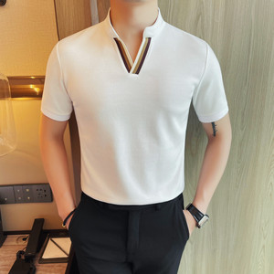 7516-P53 短袖V领T恤男士夏季新款修身百搭半袖立领体恤图片