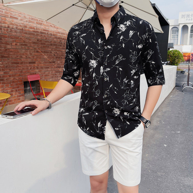C3120-P78 男士中袖衬衫夏季潮流休闲帅气修身五分袖衬衣图片