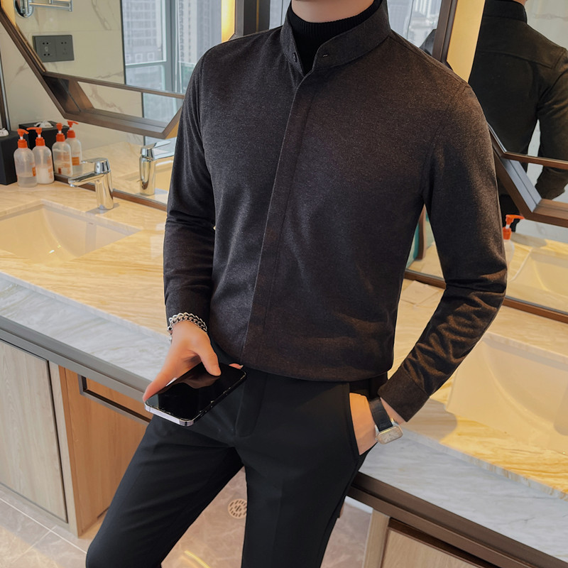 假两件-P88假两件衬衫男士冬季新款纯色修身立领暗扣,男装衬衫,电商B333