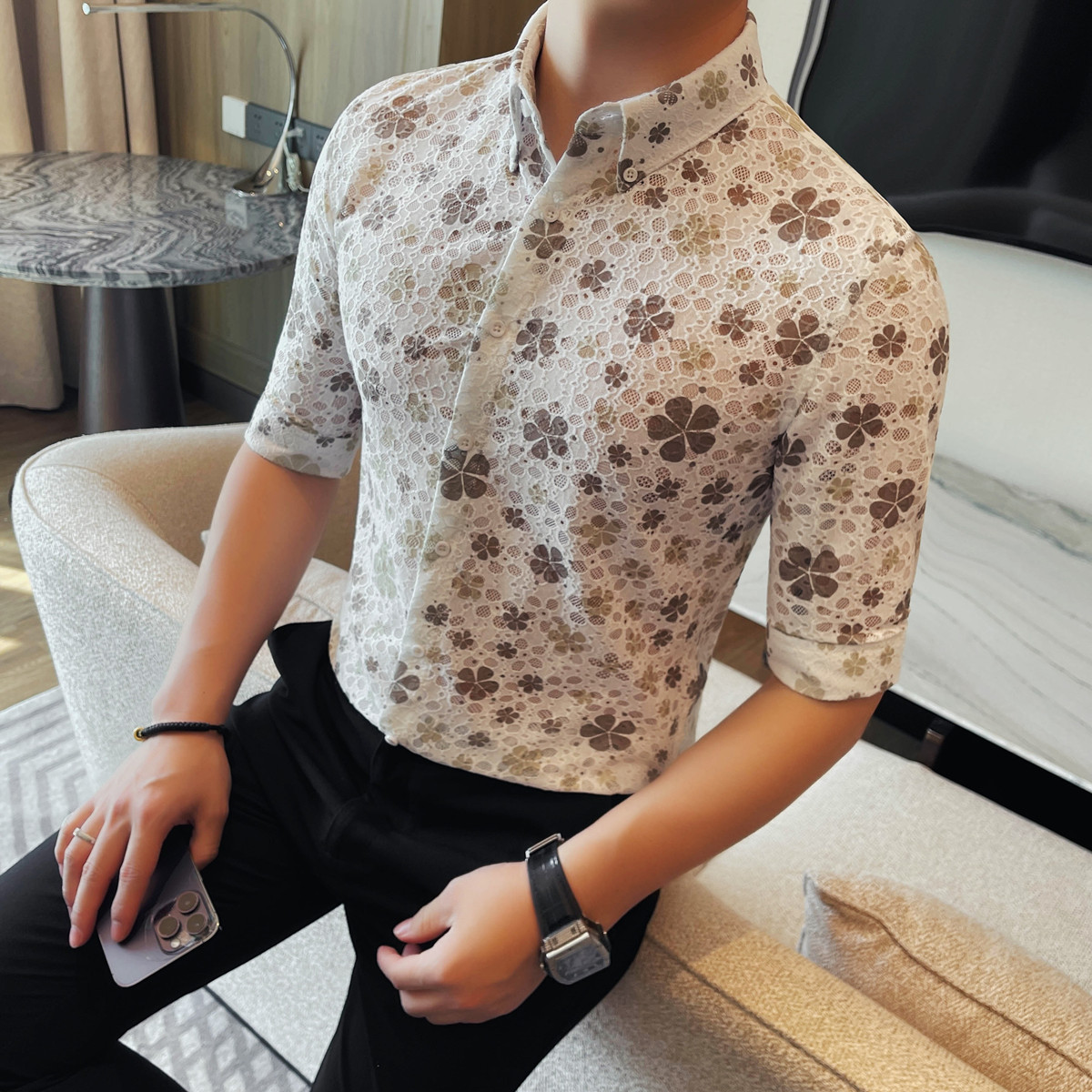 1252-P68男士短袖镂空衬衫夏季新款时尚百搭休闲翻领短袖衬衫,男装T恤,电商B333