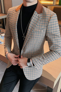 23531-P155 西装外套男士单排扣个性领子拼色西服千鸟格西装男图片