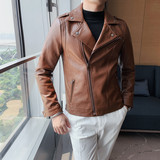JK109-P130秋冬男士修身皮衣韩版型男斜拉链西装领皮夹克外套咖啡，男装夹克，电商B333