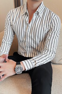 9213-P68 条纹长袖暗皱衬衫男士秋冬新款红色衬衣图片