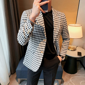 23585-P155西服外套男士格子小西装长袖上衣潮流时尚休闲单排扣