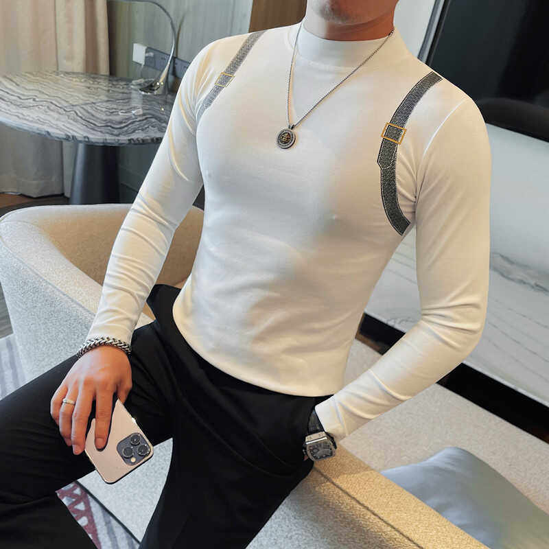 3406-P48半高领长袖t恤男秋冬季内搭打底衫男士修身纯色中领上衣,男装T恤,电商B333