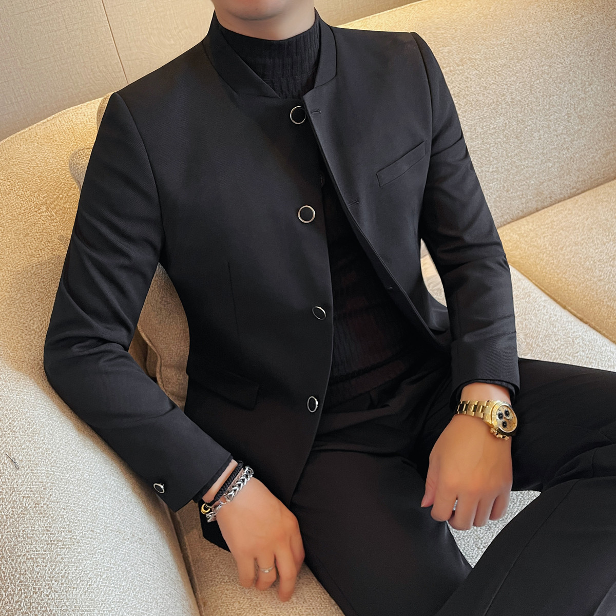 23653-P155中式立领西装男士长袖西服新款立领修身弹力免烫西装，男装西服套装，电商B333