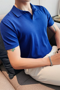 0388-P53夏季型男休闲短袖针织纯色POLO衫英伦修身翻领彩蓝色T恤图片