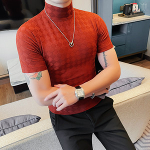 T2401-特P40菱格短袖半高领T恤男士薄款打底衫体恤衫