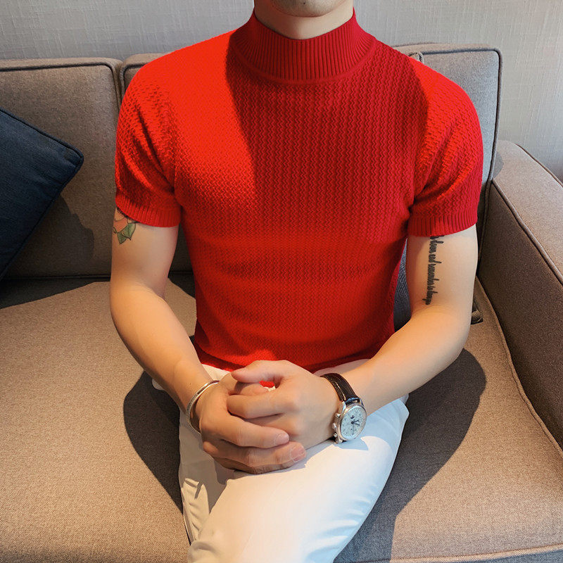 3302-P48春季男士修身半高领休闲T恤中领纯色短袖针织毛衣打底衫1,男装T恤,电商B333