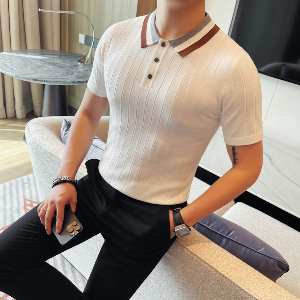 1260-P58针织冰丝男士短袖夏季新款时尚百搭休闲圆领短袖T恤,男装Polo衫,电商B333