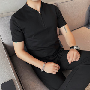 7867-P58 拉链款POLO衫男士短袖体恤 无领半袖T恤图片