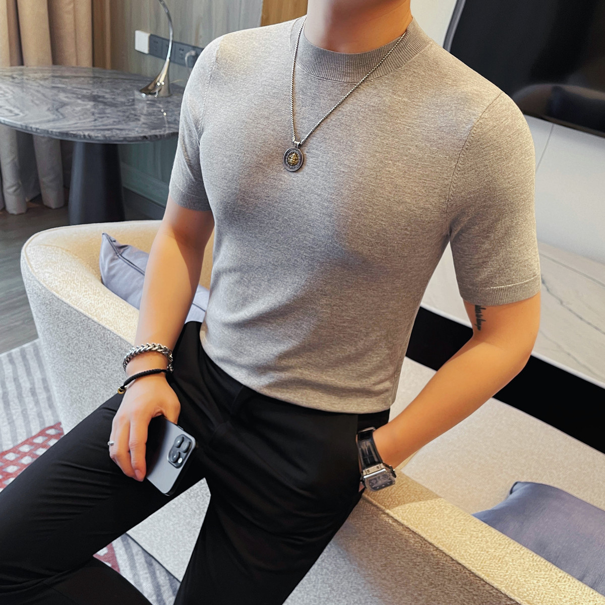 0399-P55针织冰丝男士短袖夏季新款时尚百搭休闲圆领短袖T恤,男装T恤,电商B333