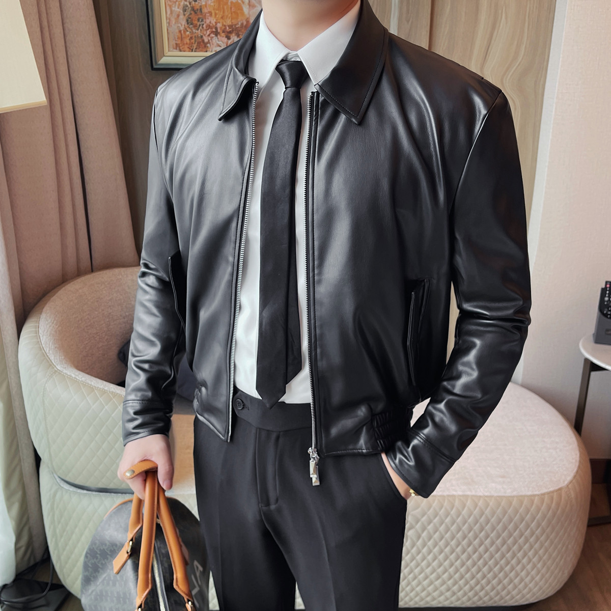 JK202-P135男士长袖皮衣外套新款修身商务休闲皮夹克上衣短款，男装夹克，电商B333