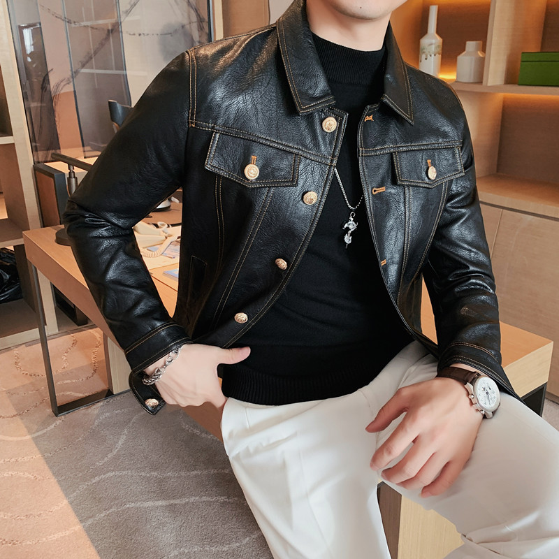 JK107-P130秋冬男士修身皮衣型男单排扣翻领皮夹克外套，男装皮衣，电商B333