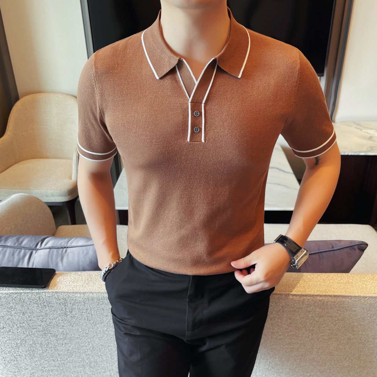 1227-P58针织冰丝男士短袖夏季新款时尚百搭休闲翻领短袖T恤,男装T恤,电商B333