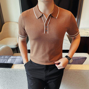 1227-P58 针织冰丝男士短袖夏季新款时尚百搭休闲翻领短袖T恤图片