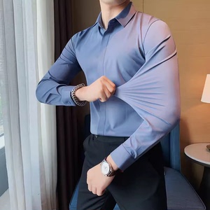 老款继续做1072-P95 弹力无痕压胶坠感丝滑长袖衬衫男修身衬衣图片