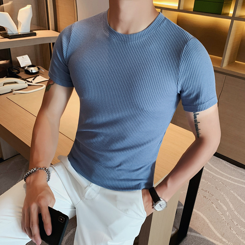 3383-特P30华夫格面料圆领修身纯色打底衫休闲短袖T恤驼色,男装T恤,电商B333