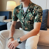 C3016-P78印花短袖衬衫男士夏季潮流休闲半袖修身衬衣绿色，男装T恤，电商B333