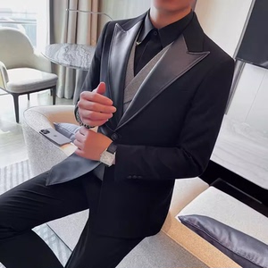 XF1042-P165 拼接皮领男士西装外套 单排扣西装上衣 后中开叉图片