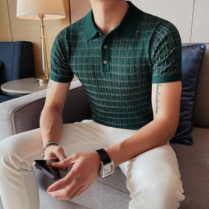 1217-P58 针织polo衫男士夏季短袖翻领修身格子体恤半袖t恤图片