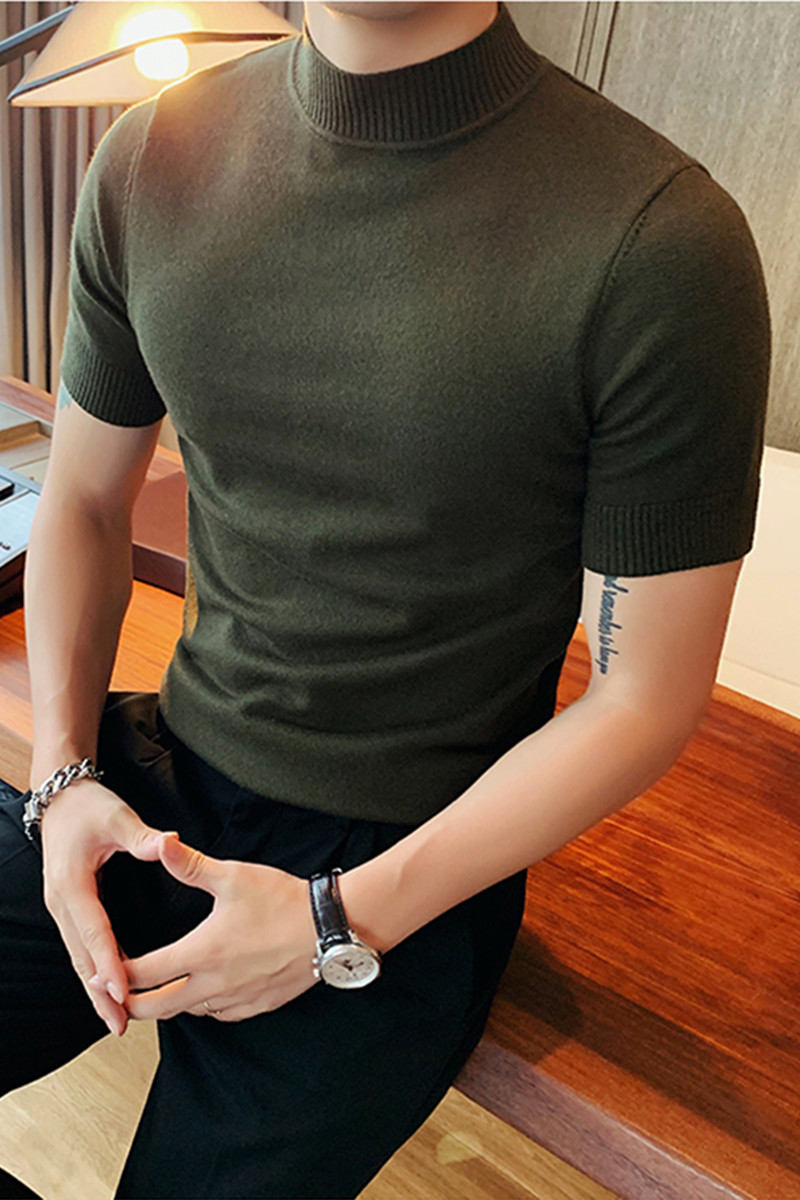 0820-特P40半高领针织打底衫男春夏修身纯色套头短袖T恤,男装T恤,电商B333