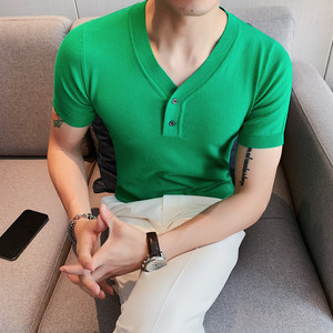 B109-P58 夏季短袖T恤男士韩版修身纯色V领T恤英伦休闲针织衫图片