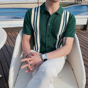 M52-P78 针织冰丝条纹短袖polo衫男士夏季撞色开衫翻领t恤图片