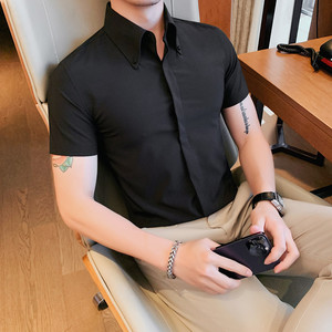 DX3010-1-P58 短袖衬衫男士夏季潮流休闲帅气纯色修身帅气衬衣绿图片