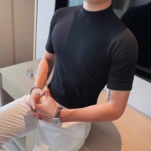 5857-特P40 秋季男士短袖打底衫 纯色半高领修身T恤 抓绒中领T图片