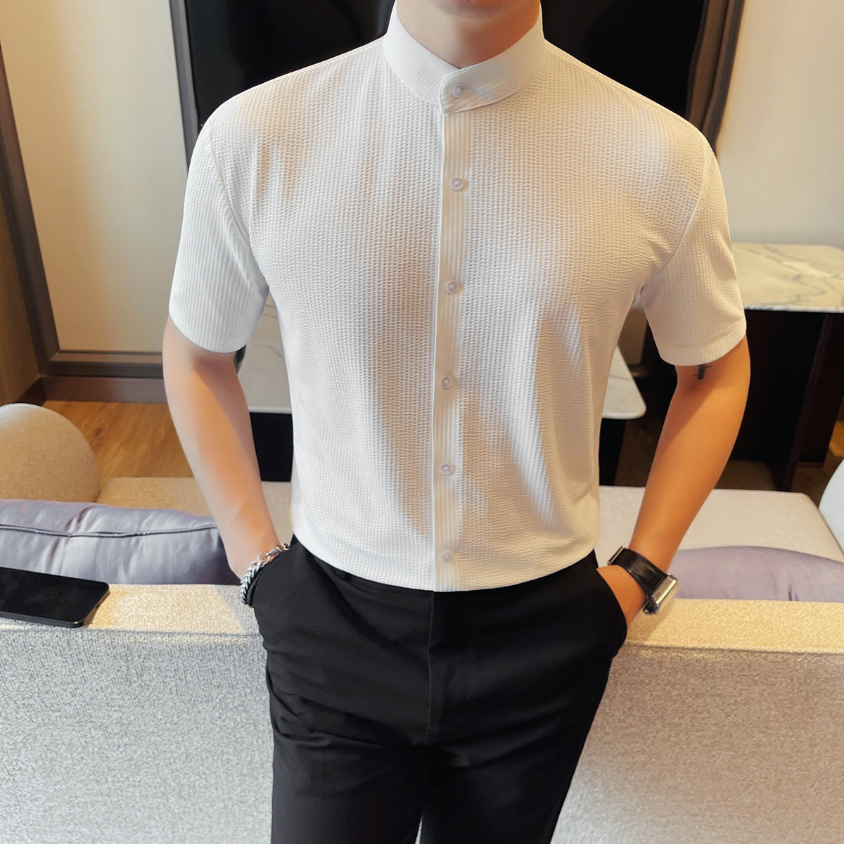 MJ1001-P58冰丝立领男士短袖衬衣夏季新款时尚百搭休闲立领衬衫,男装T恤,电商B333