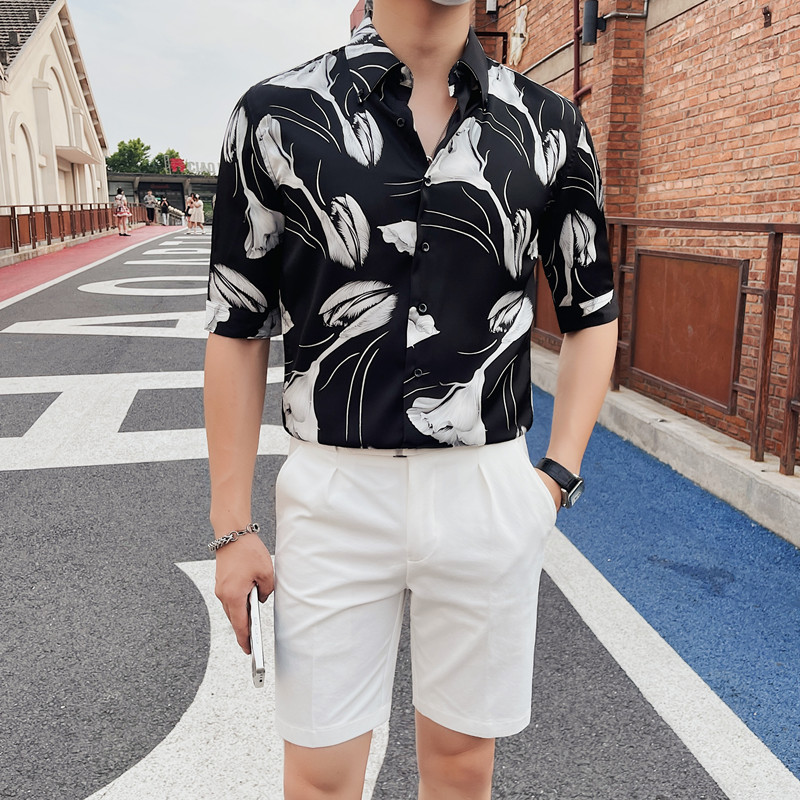 ZX3116-P65中袖男士印花衬衫夏季修身潮流休闲五分袖衬衣,男装T恤,电商B333