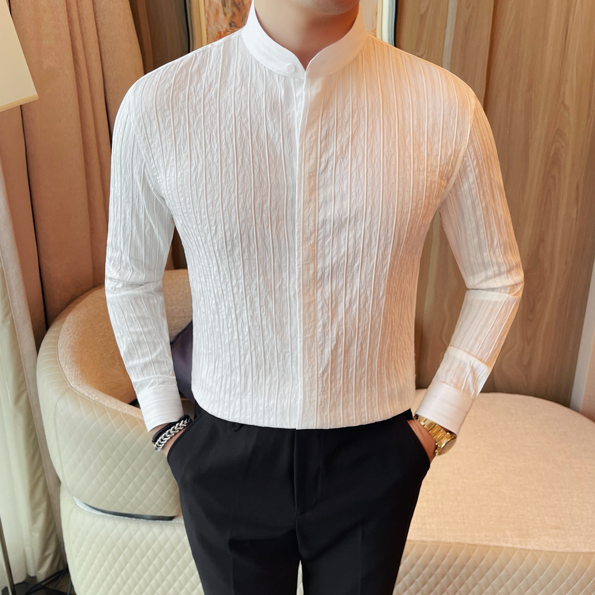 CS6520-P68新中式立领条纹长袖衬衫男高级感痞帅法式白色衬衣，男装衬衫，电商B333