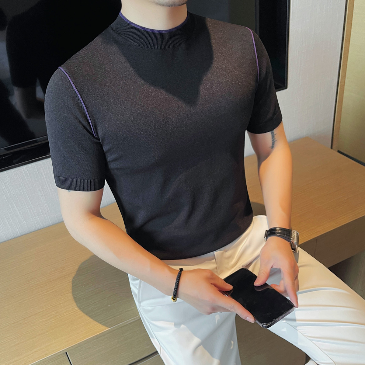3776-P58针织短袖男士夏季线条设计感小众百搭休闲圆领简约T恤,男装T恤,电商B333