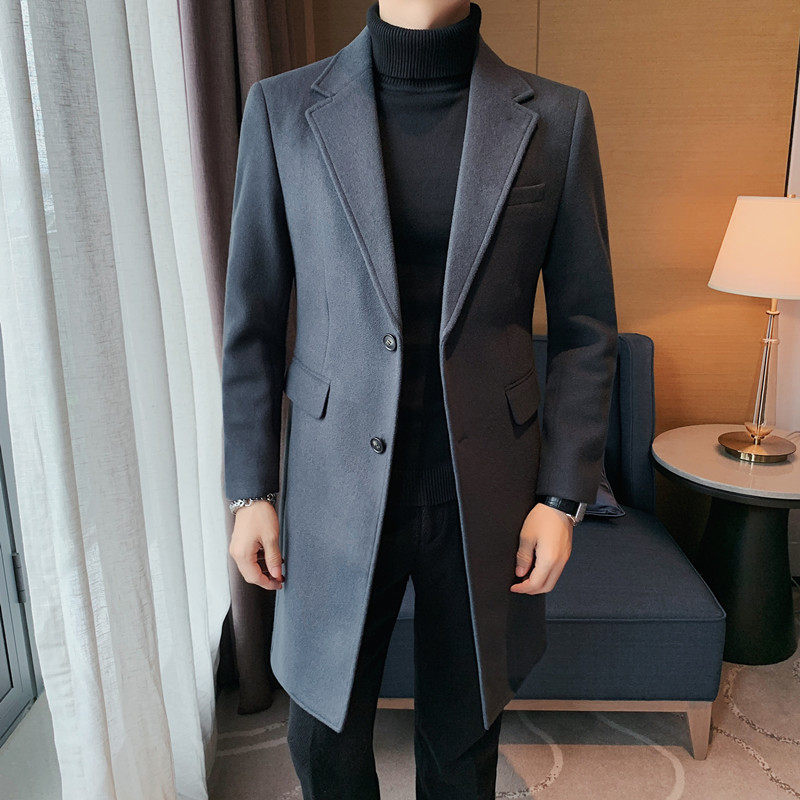 23573-P180呢子大衣冬季新款中长款风衣纯色休闲大衣黑色，男装风衣，电商B333