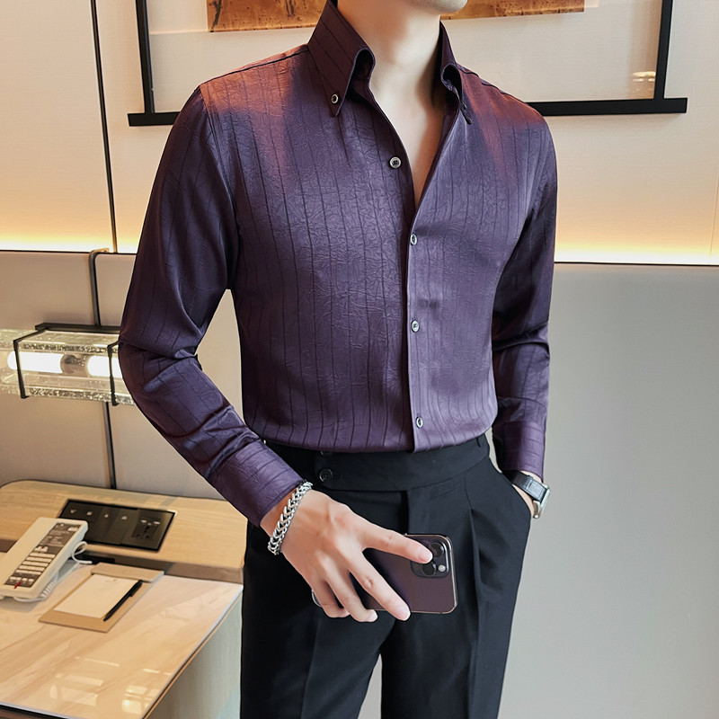 3117-P95长袖暗条纹压花衬衫男士秋季潮流修身休闲衬衣,男装衬衫,电商B333