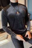7922-P48金丝绒拼皮半高领长袖体恤男士秋冬新款修身纯色打底衫，男装T恤，电商B333