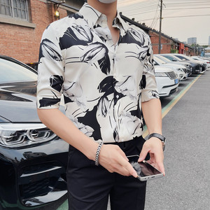 ZX3116-P65 中袖男士印花衬衫夏季修身潮流休闲五分袖衬衣图片