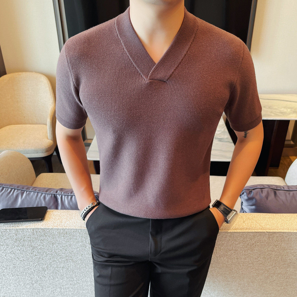 8543-P58V领粗针厚款短袖针织毛衣男士秋冬新款纯色百搭简约线衫,男装针织衫/毛衣,电商B333