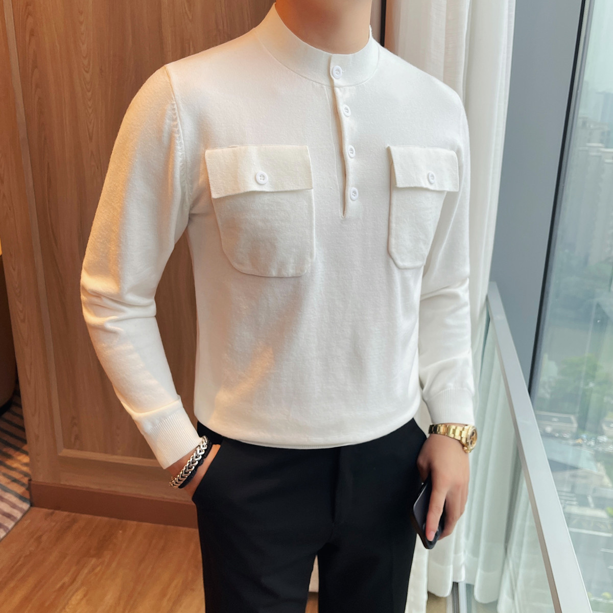 3785-P78男士厚毛衣新款圆领修身商务休闲针织衫口袋上衣打底衫,男装T恤,电商B333
