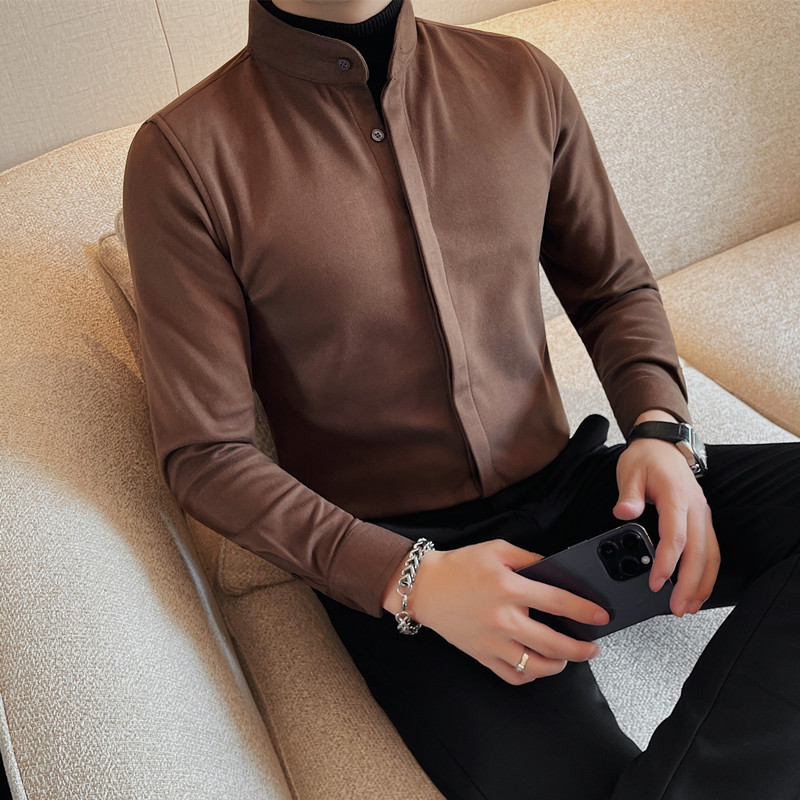 假两件-P88假两件衬衫男士冬季新款纯色修身立领暗扣,男装衬衫,电商B333