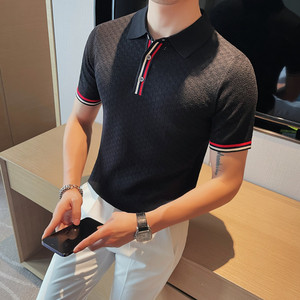 1218-P58镂空针织polo衫男士夏季修身短袖翻领英伦绅士体恤