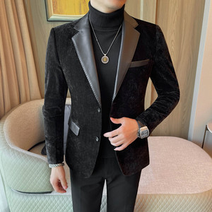 23661-P155 拼皮西装外套男士秋冬新款修身休闲潮流男士西服外套图片