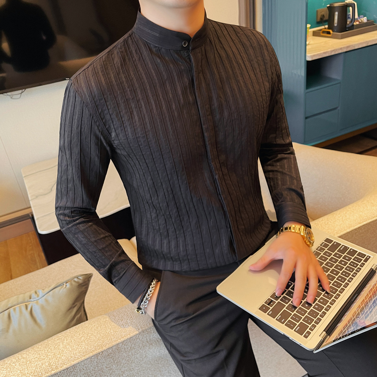 CS6520-P68新中式立领条纹长袖衬衫男高级感痞帅法式白色衬衣，男装衬衫，电商B333