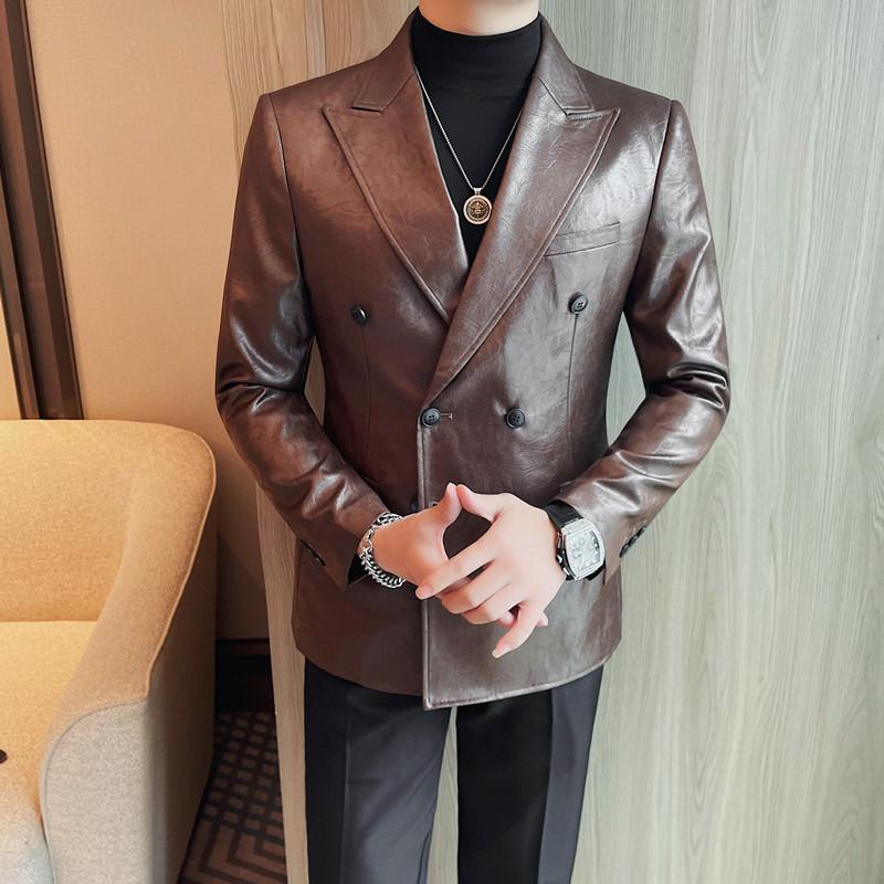 23659-P155双排扣皮衣男士秋冬新款皮西装双开叉西服外套,男装西服,电商B333