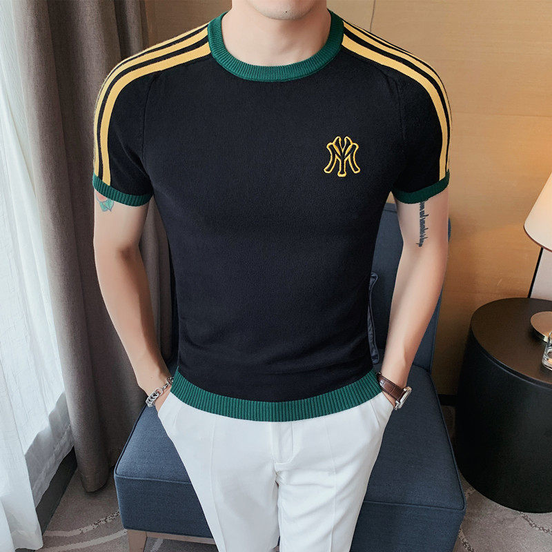 T2206-P65圆领刺绣撞色针织衫T恤春夏韩版修身套头休闲体恤，男装T恤，电商B333