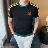 T2206-P65圆领刺绣撞色针织衫T恤春夏韩版修身套头休闲体恤，男装T恤，电商B333