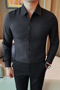 C9403-P65 秋季新款男装黑色长袖衬衫简约休闲春秋款翻领衬衣男装图片