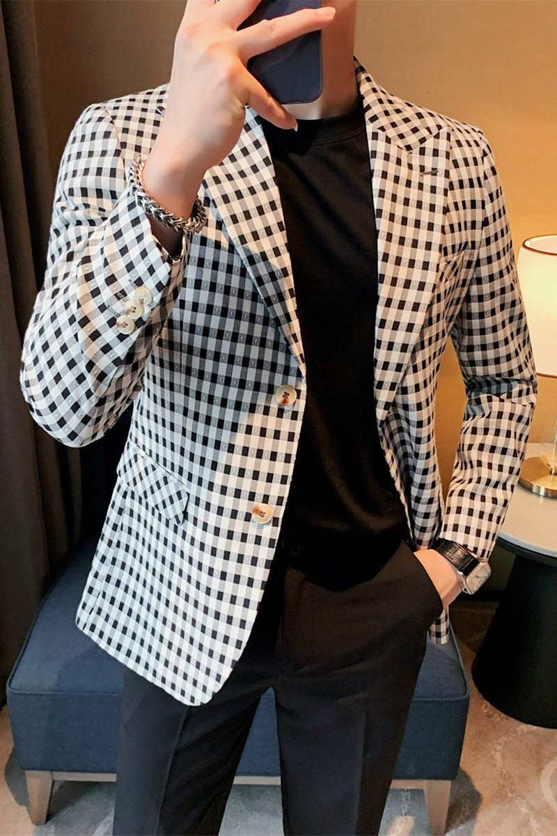 23585-P155西服外套男士格子小西装长袖上衣潮流时尚休闲单排扣,男装西服套装,电商B333