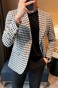 23585-P155 西服外套男士格子小西装长袖上衣潮流时尚休闲单排扣图片